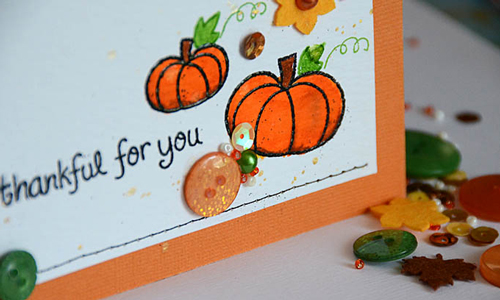 This was a lot of fun – I used a favorite Lawn Fawn pumpkin stamp set and it would work well with a wide variety of stamp sets where there are small images and sentiments meant to go together.