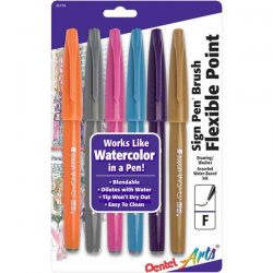 Pentel Arts Sign Pens With Brush Tip - 6/Pkg