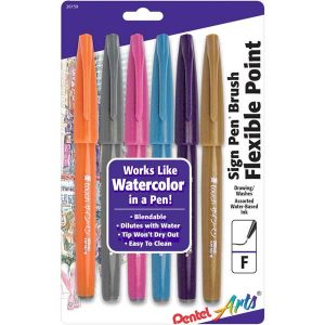 Pentel Arts Sign Pens With Brush Tip – 6/Pkg