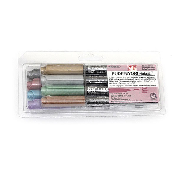 Kuretake Zig Fudebiyori Metallic Brush Pens, Set of 8